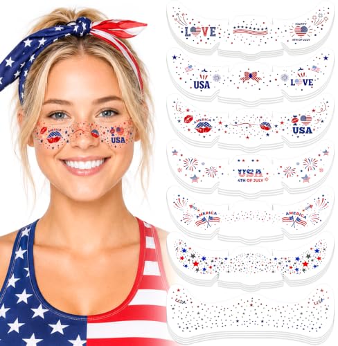 4th of July Red White Blue Glitter Freckles-Patriotic Face Tattoos 24PCS | Waterproof Temporary Tattoos Glitter Fake Freckles Sparkles for Independence Day & Everyday Makeup - color: colorful