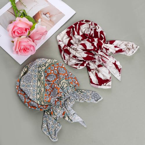 4pcs Pre-Tied Chemo Head Scarf Beanie Covers Cap Head Scarves Sleep Turban Hat Women Bandana with Stretch Print Ruffle - color: Multicolor-1