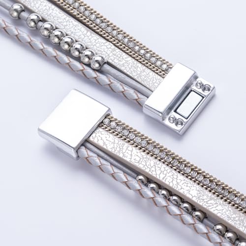 FANCY SHINY Boho Leather Wrap Bracelet Stackable Infinity Chunky Cuff Bracelets Western Hippie Outfits Jewelry Valentine Gifts for Women - color: Silver