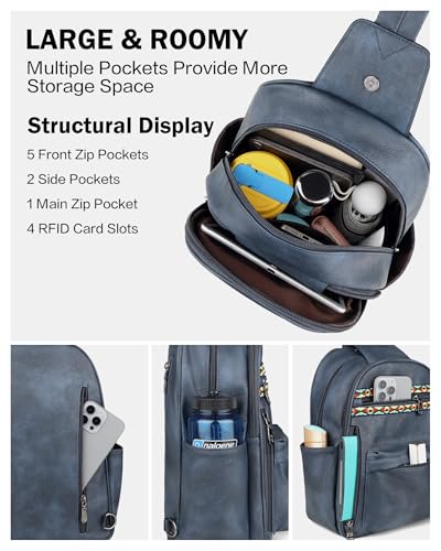 FADEON Large Sling Bag for Women, Leather Crossbody Purse Designer Anti Theft Sling Backpack, RFID Fanny Packs for Travel - color: Dark Blue Retro Style