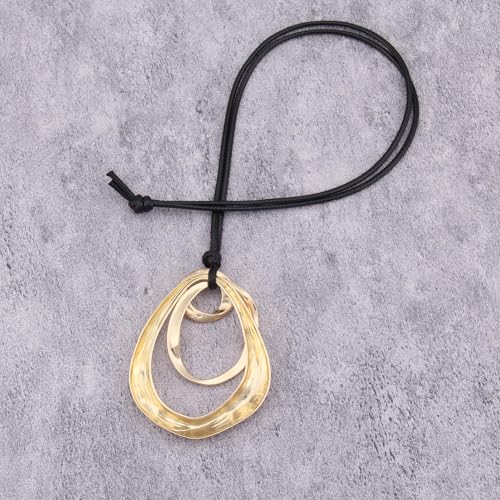 Kelake Leather Necklace for Women Men Teen Vinatge Boho Alloy Pendant Choker Jewelry Fashion Sweater Necklaces with Adjustable Genuine Leather Chain - color: Gold Pear-shaped 3 Circles Pendant