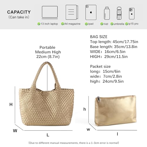 Woven Tote Bag Womens Purse Vegan Leather Shoulder Handbags Fashion Summer Beach Tote Bags Large Travel Totes - color: Golden