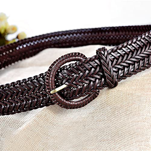 Women Wide Braided Leather Belt 1.6 inch Ladies Soft Woven Waistband with Buckle - color: Coffee