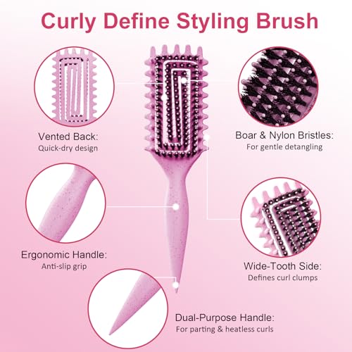 Curly Hair Brush, Curl Defining Brush with Soft Boar Bristles Detangling Tangled Glides, Wide-Teeth Design Effortlessly Shaping & Defining Curls, Curling Definer for Wet & Dry Hair (Pink) - color: Pink