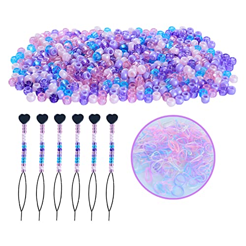 1606pcs Hair Beads Kit for Hair Braids for Girls Including 600pcs 9x6mm Pony Beads,1000pcs Elastic Rubber Bands, and 6pcs Quick Beaders