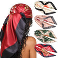 DRESHOW 35” Large Square Satin Head Scarf - 4Pcs Silk Accessories Classic Patterned Squares Beach Bandanas for Women - color: 4 Pcs Printed: Light Pink, Red, Army Green, Beige
