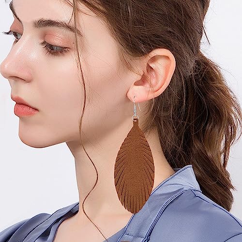 Large Genuine Soft leaf Leather Handmade Fringe Tassel Feather Lightweight Tear Drop Dangle Color Earrings for Women - color: Brown