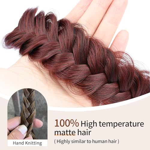 2PCs Braided Headband with teeth Handmade Messy Wide Synthetic Hair Elastic Stretch Fluffy Hairpiece for Brides (Burgundy) - color: Burgundy