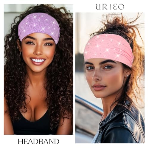 Urieo Rhinestones Headband Wide Glitter Headbands for Women (Pink) - color: Pink