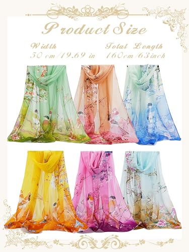 6 Pieces Scarves for Women Ladies Lightweight Silk Gorgeous Floral Pattern Lotus Print Chiffon Scarves - color: Magpie Nature Pattern