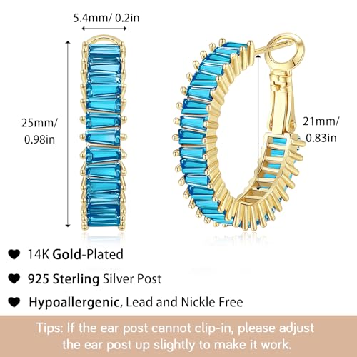 Trendy 14K Gold Plated Hoop Earrings for Women, Chunky Gold/Silver Earrings for Women Cubic Zirconia Baguette Hoop Earrings Heart Hoops Lightweight Hypoallergenic Jewelry,25mm/35mm/40mm/50mm - color: 01 Gold Aquamarine 25mm