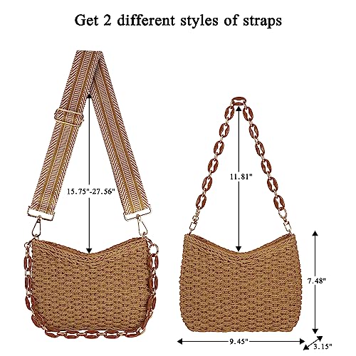 Women Straw Small Crossbody Bag Handmade Woven Shoulder Handbag Summer Beach Purse with Guitar Strap | Straw - color: Brown