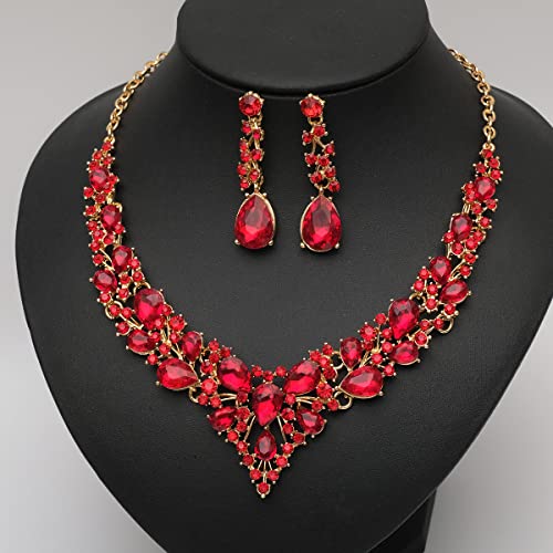 CSY 4 Pcs/Set Austrian Crystal Necklace Earrings Bracelet Ring Bridal Jewelry Sets for Brides Wedding Party Costume Accessories Gifts for Women - color: 02-gold plated-red