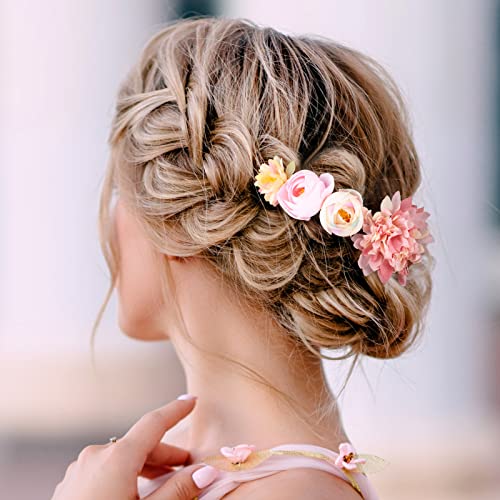 BBTO 21 Pcs Flower Hair Clip Rose Hair Clips Barrettes for Women Flower Accessories Boho Bride Claw Clip Hairpin Brooch Pin Headpiece for Wedding (Pink,White) - color: Pink, White