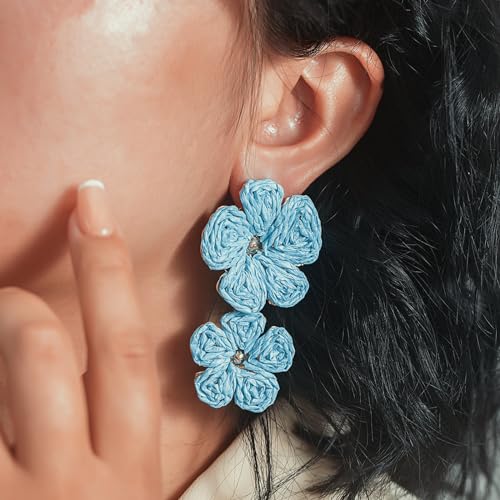 Boho Flower Earrings Statement Raffia Dangle Earrings Cute Floral Jewelry Trendy Summer Beach Vacation Outfits for Women - color: Blue