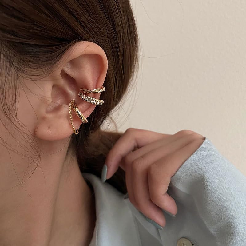 Gold Ear Cuff Earrings for Women Non Piercing 14K Gold Plated/Silver Cuff Clip On Cartilage Hoop Shining Cubic Zirconia Twisted Chain Ear Clip On Earring for Women Chunky Ear Cuffs Earrings - color: goldC