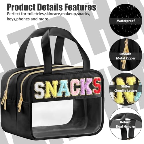 BuyCard Chenille Letter Clear Makeup Bags, Snacks Bag for Travel, Preppy Patch Nylon Cosmetic Bag with Handles and Zipper, Waterproof Large Clear Travel Toiletry Bag Storage Bag for Women Black - color: Black-Snacks