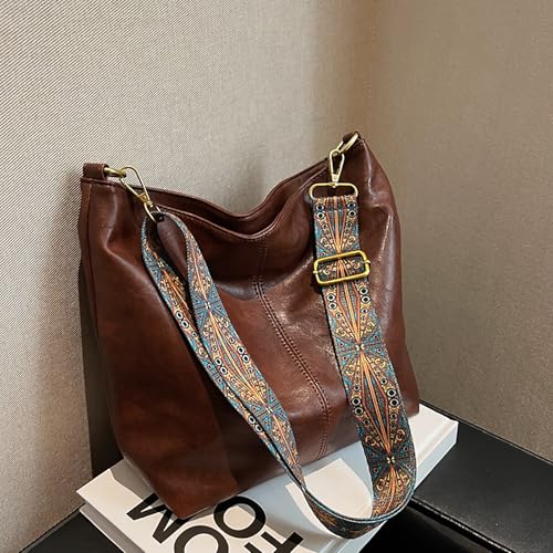 Hobo Bags for Women Crossbody Bag Guitar Strap Purse Vegan Leather Shoulder Handbags Boho Purses Tote Bucket Bag - color: Coffee