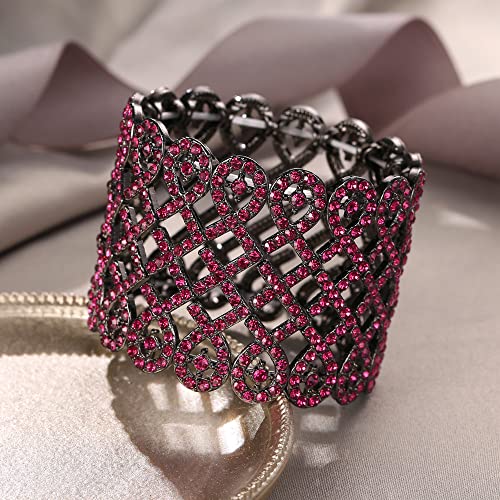 EVER FAITH Art Deco Love Knot Wide Stretch Bridal Bracelet Austrian Crystal - color: Hot Pink Black-Tone