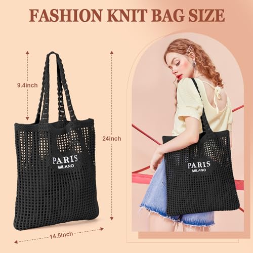 Ayieyill Crochet Tote Bag For Women, Crochet Mesh Beach Tote Bag Summer Vacation Aesthetic Boho Knit Bag for Women - color: G/Black
