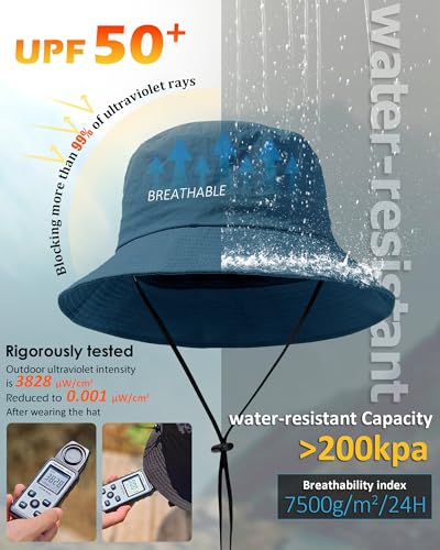 Water-Resistant Bucket Hat for Women Men Rain Hat UPF 50+ Boonie Sun Hat Foldable Summer Floppy Fishing Safari Hats - color: Deep Ocean Blue