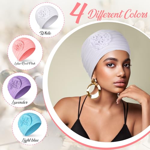 JenPen 4 Pcs Cotton Chemo Headwear for Women Turban Soft Cancer Head Scarf Hats Beanie Elastic Hair Wraps - color: Fresh Colors