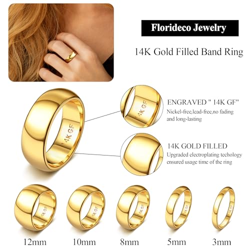 Florideco 14K Gold Filled Ring for Women Men Thick Thin Pinky Thumb Ring Wedding Band Ring Non Tarnish Plain Domed Comfort Fit Size 6 to 10 - color: 14K gold plated-8mm