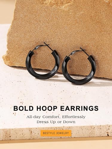 Bestyle 5mm Thick Gold Hoop Earrings Hypoallergenic Hoops for Sensitive Ears Trendy Lightweight Chunky Earrings for Women 30/40/60/80mm - color: 02-Black, size: 30mm