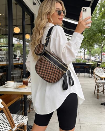 Valentoria Large Woven Leather Crossbody Bags for Women Checkered Bum Bag Sling Bag Purse Adjustable Strap Detachable Wallet | Woven - color: Black&brown Checkered