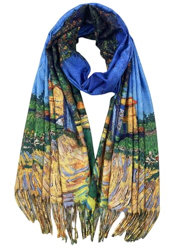 VENVSBEE Reversible Scarf Soft Large Shawl Wrap Blanket Double Sided Art Print Warm Pashmina Stoles Klimt Van Gogh Gifts - color: Art 33