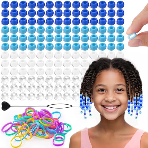 160Pcs 10mm Small Silicone Beads for Hair Braids, Soft Jellyish Pony Hair Beads with 5mm Hole + 50 Rubber Bands and 1 Beader for Braiding, DIY Bracelets Necklaces Crafts (Blue) - color: Blue Mix-160Pcs