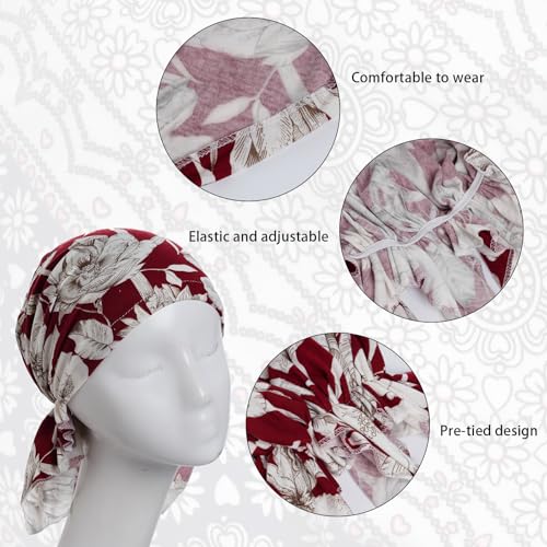 4pcs Pre-Tied Chemo Head Scarf Beanie Covers Cap Head Scarves Sleep Turban Hat Women Bandana with Stretch Print Ruffle - color: Multicolor-1