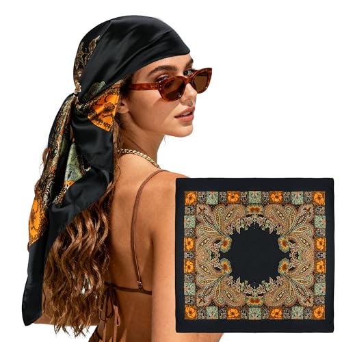 Large Square Head Scarf Bandana - 35" Satin Hair Scarf for Women Like Silk Scarf Fashion Hair Wrapping - color: Paisley(black), size: 35IN*35IN