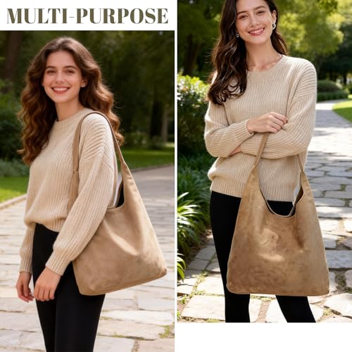 Suede Hobo Bags for Women Trendy Suede Shoulder Bag Slouchy Tote Handbag Suede Purse for Work Everyday | Suede Hobo Bags - color: Khaki