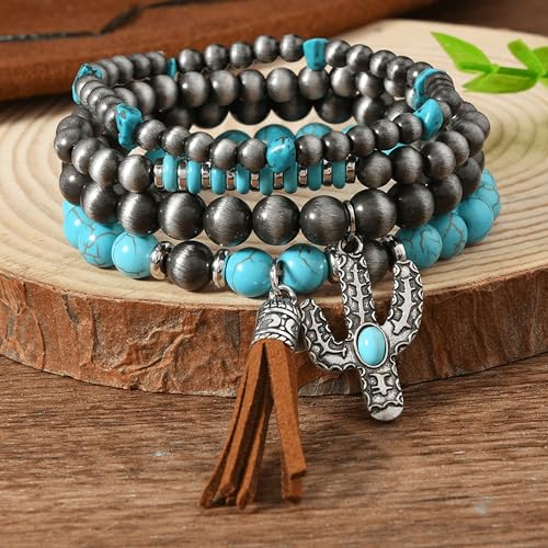 Long tiantian Western Turquoise Beaded Bracelet Set for Women Stackable Cowgirl Bracelets Boho Concho Jewelry Country Concert Rodeo Outfit Accessories Gifts - color: B1:western bracelets