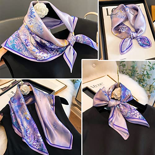 Ciormis 100% Mulberry Silk Scarf-Women's 21''/27''Square Silk Hair Head Scarf Neckerchief with Gift Packaged - color: 21''x 21''-style 11-purple Flower