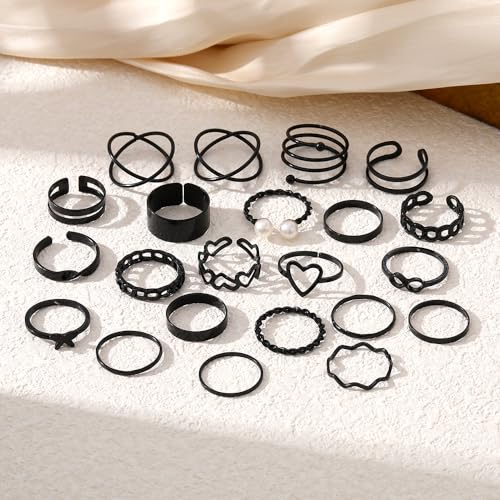 22 Pcs Gold Knuckle Rings Set for Women,Boho Fashion Thick Finger Stacking Rings,Vintage Midi Hollow Statement Rings Pack Jewelry Gift - color: Black