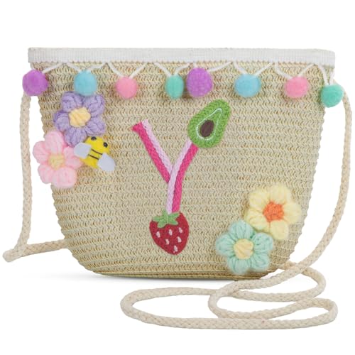 Letter Small Woven Straw Summer Beach Tote Bag for Women 2025,Woven Straw Beach Purse Shoulder Crossbody Bag for Women 2025 - color: Brown Y