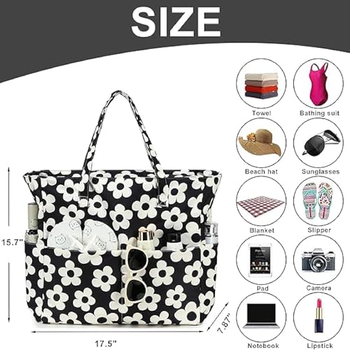 Bluboon Waterproof Beach Tote Pool Bags for Women Ladies Extra Large Carry On Bag With Wet Compartment for Weekender Travel - color: Beige Flower With Black Background