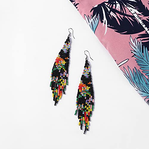 Long Beaded Tassel Earrings - Bohemia Colorful Bead Handmade Beaded Tassel Earrings，Gifts and Christmas - color: Black Flowers
