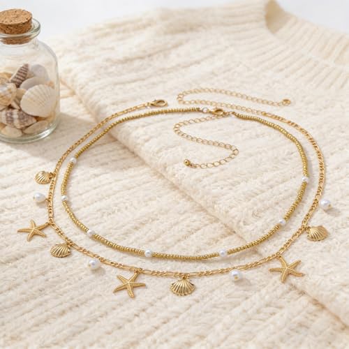 Gold Waist Chain for Women - 2Pcs Layered Body Chain Jewelry with Pearl Shell Beads, Adjustable Mermaid Belly Chain & Bohemian Waist Beads for Beach Summer Vacation Body Jewelry - style: gold shell style