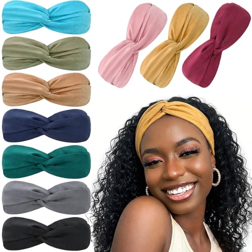 DRESHOW 10 Pack Boho Headbands for Women Vintage Cross Elastic Head Wrap Hair Accessories - color: 10 Pack C: Solid Series I
