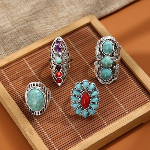 Bohemian Turquoise Ring for Women Chunky Gold Flower Statement Rings Vintage Round Turquoises Stackable Knuckle Ring Set for Women Western Jewelry - style: Silver Turquoise ring-4Pcs