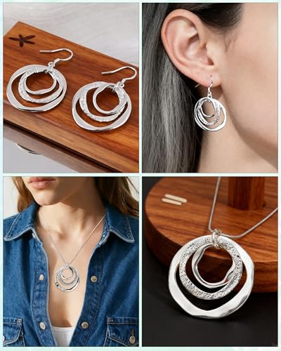 Hypoallergenic Silver Circle & Dangle Earrings and Necklace Set for Women Geometric Boho Style Hoop Jewelry for Women-Lightweight & Dangling-Gift for Bohemian Fashionistas - color: Silver