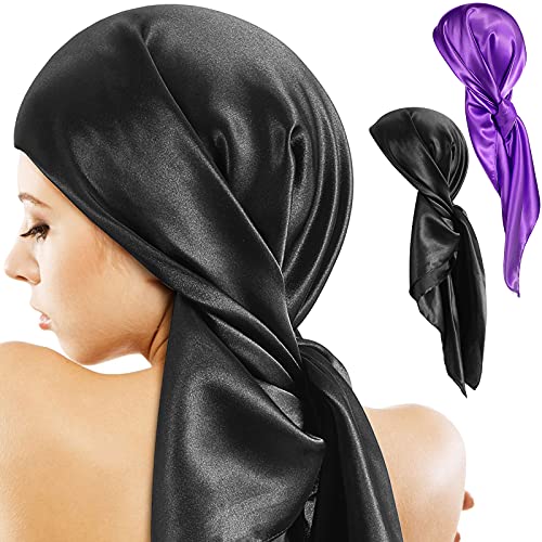 SATINIOR 35 Inch Silky Head Scarf 2 Pcs Large Square Neck Scarf Sleeping Hair Wrapping Satin Bandana for Women - color: Purple, Black, style: Classic