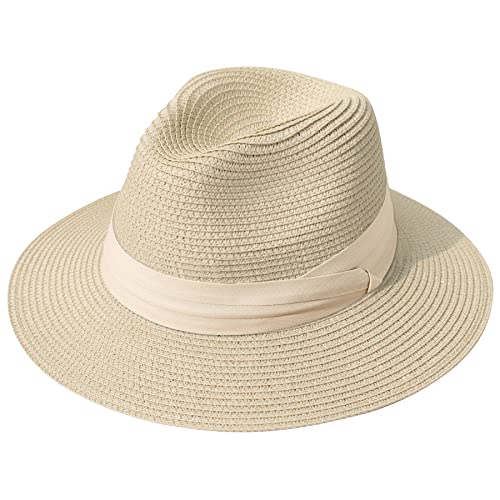 Lanzom Women Wide Brim Straw Panama Roll up Hat Fedora Beach Sun Hat UPF50+ - color: Beige/Khaki, size: One Size-Small