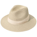 Lanzom Women Wide Brim Straw Panama Roll up Hat Fedora Beach Sun Hat UPF50+ - color: Beige/Khaki, size: One Size-Small
