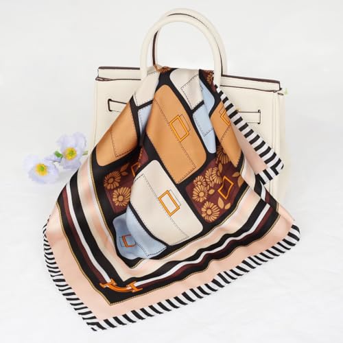 Relang Fashion Silk Satin Head Scarf for Women Hair Bandana Hair Scarf Wrap Neck Scarf for Women 27.5×27.5 inches - color: Bag Pattern Brown Striped Edge