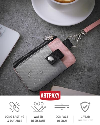 Artpaxy Minimalist Wallet For Mens Womens, Keychain RFID Blocking Zipper Small Wallet with ID Window 2 Lanyards,Water Resistant Travel Cash Card Coin Case Boys Girls - color: Light pink+Grey, style: Classic