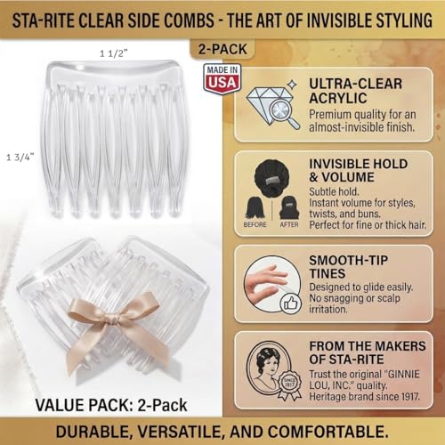 Sta-Rite Side Hair Combs for Women, 2-Count – Professional Side Combs for Fine or Thick Hair – Secure Invisible Hold Styling Accessories for Updos, Twists, and Buns – Made in USA (Crystal) - color: Crystal